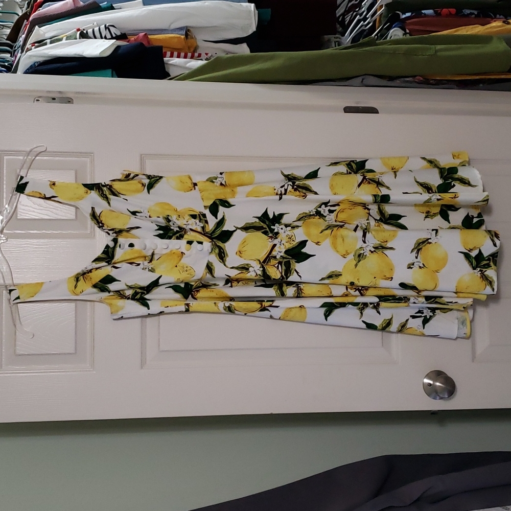 Vintage style lemon dress with button accents and zipper closure